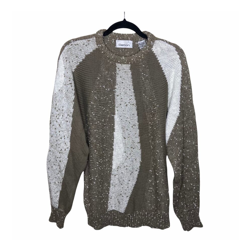 VTG Dolman Sleeve Textured Knit Sweater Size Large Brown Cream Abstract Damon